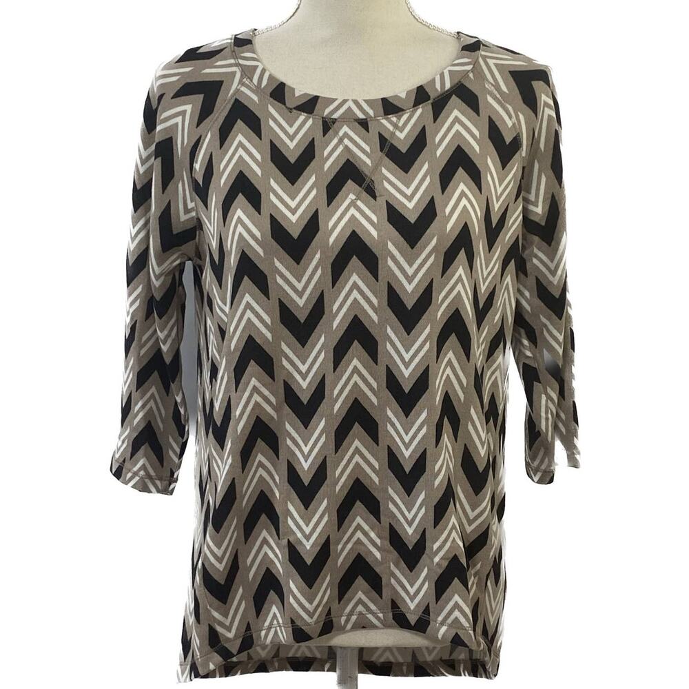 Color Thread Women's Beige and Black Geometric Top Size M 3/4 Sleeve High Low